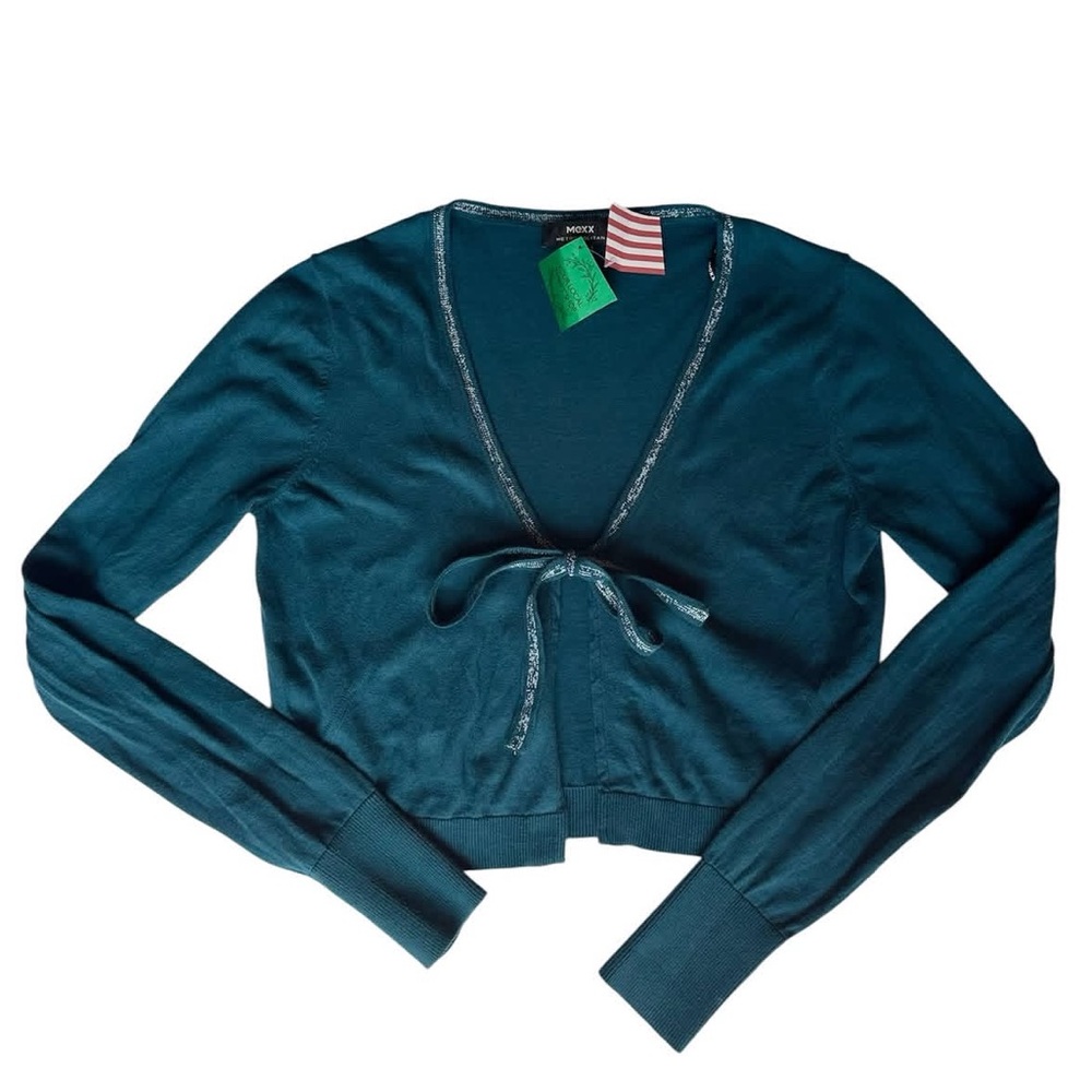 Mexx Teal Long Sleeve Cropped Cardigan with Sparkle Trim & Front Self Tie